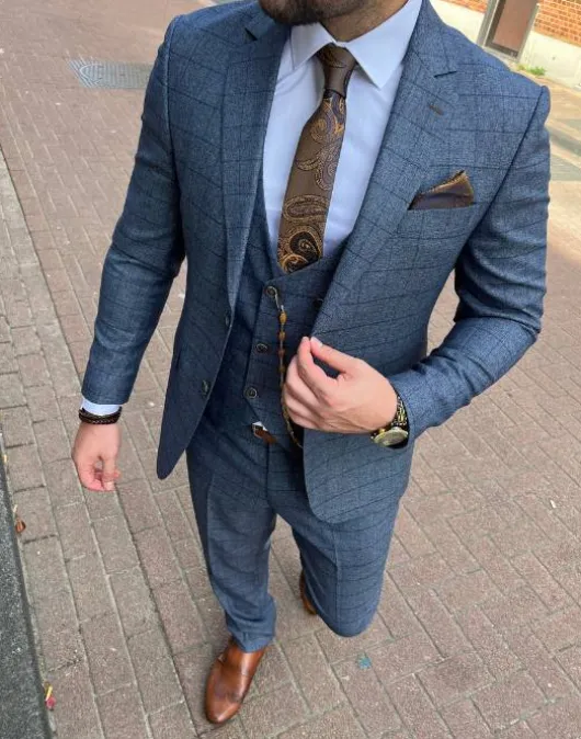 Elegant Blauw Geruit Pak