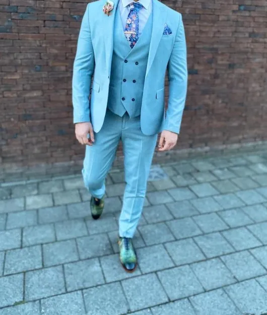 Lichtblauw linnen look trouwpak