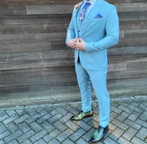 Lichtblauw linnen look trouwpak