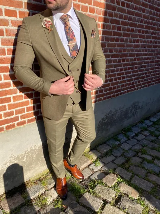 Mosterd groen trouwpak 3-delig