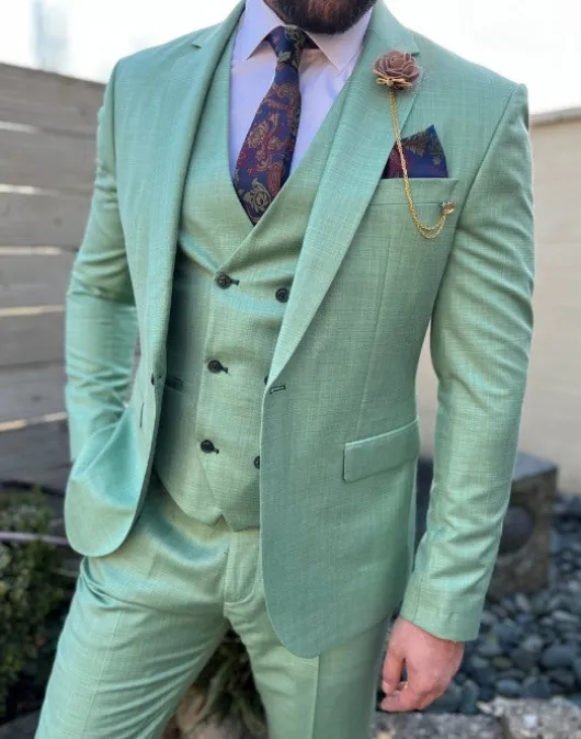 Pistache groen linnen look driedelige pak