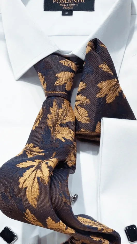 ST1 Bruine stropdas met beige bladeren motief