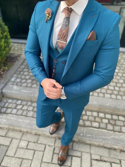 Turquoise groen-blauw Trouwpak shiny look