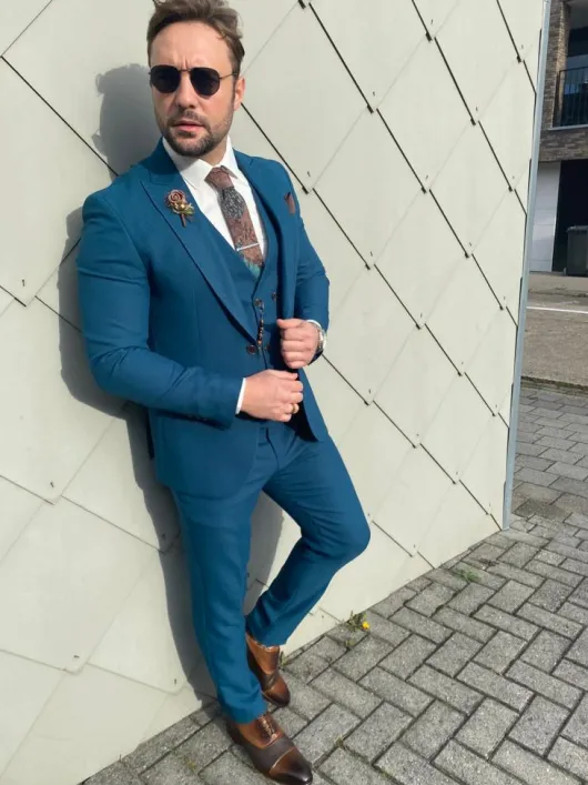 Turquoise groen-blauw Trouwpak shiny look